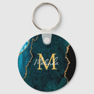 Aquamarines Blau und Goldmarmor Agate Schlüsselanhänger