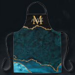 Aquamarines Blau und Goldmarmor Agate Schürze<br><div class="desc">Diese Schürze besticht durch einen eleganten und glamourösen Marmorhintergrund mit geode gemstone Details und Imitaten goldenen Glitzer Akzente. Das Monogramm kombiniert handgeschriebene Skripte mit modernen serifenlosen Schriftart für ein elegantes und raffiniertes Aussehen. Dies wird das ideale Geschenk, da es mit einem Namen und Initial angepasst werden kann. Die tiefen aquamarinen...</div>