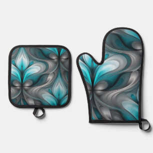 Aquamarines Blau und Grau Abstrakte Kunstgestaltun Ofenhandschuh & Topflappen-Set