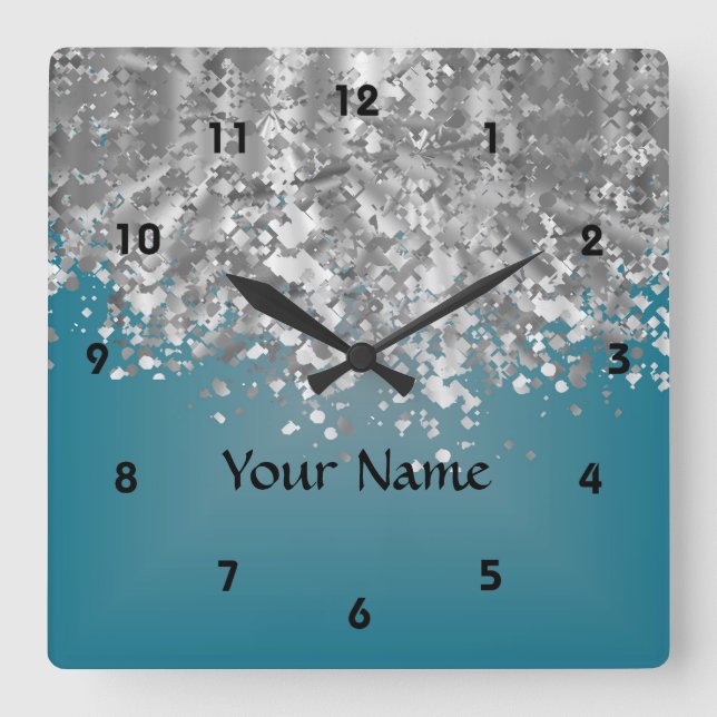 Aquamarines Blau und Imitat Glitzer Quadratische Wanduhr (Vorderseite)