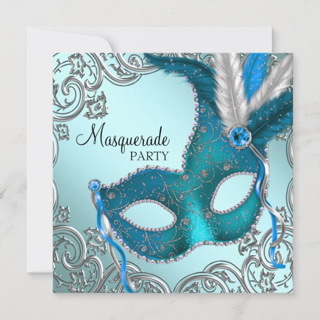 Aquamarines Blau- und Silbermasken-Party Einladung (Vorderseite)