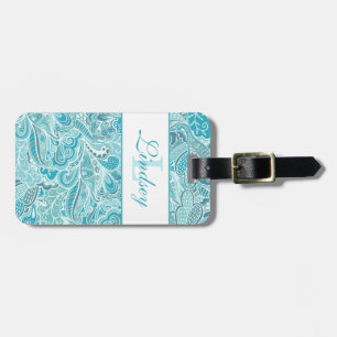Aquamarines Blau und Weiß Paisley Mit Monogramm Ge Gepäckanhänger