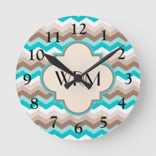 Aquamarines Blaubraunes Zickzack Monogramm Runde Wanduhr