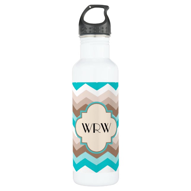 Aquamarines Blaubraunes Zickzack Monogramm Trinkflasche (Vorderseite)