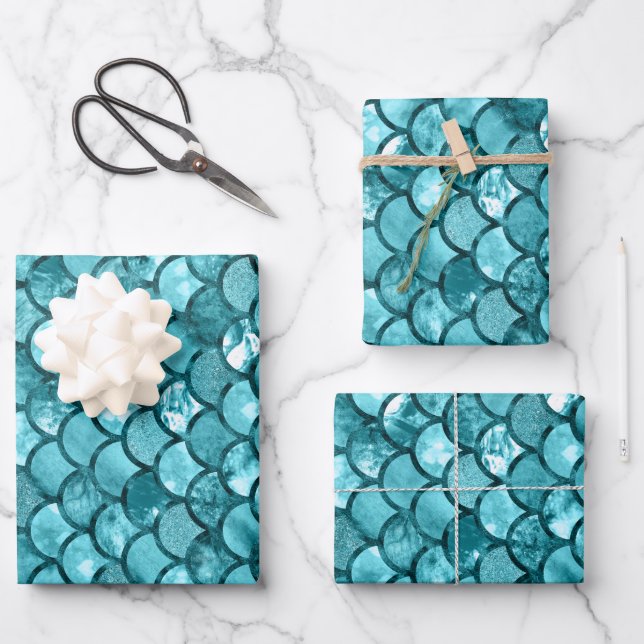Aquamarines Blaue Meerjungenskala Muster Geschenkpapier Set (Vorderseite)