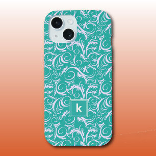 Aquamarines blaues Damaskusmuster Monogramm iPhone 15 Hülle