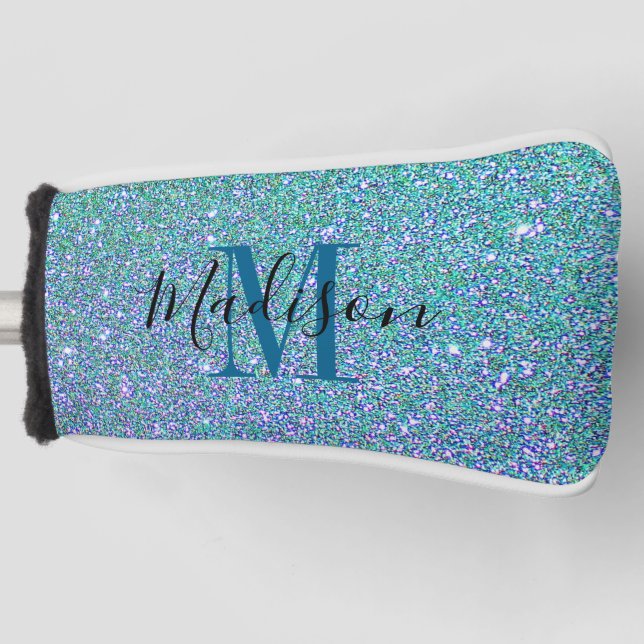 Aquamarines Blaues Glitzer-Sparkon-Monogramm Golf Headcover (Vorderseite)