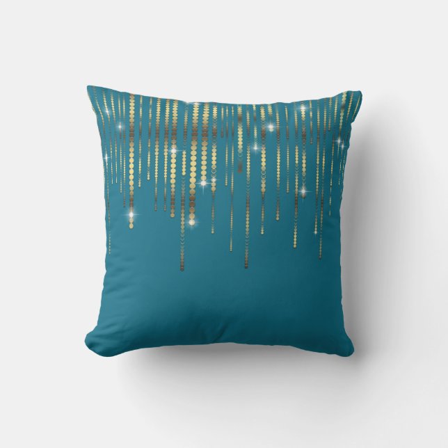 Aquamarines blaues Gold drapieren Boho Luxusschein Kissen (Vorderseite)