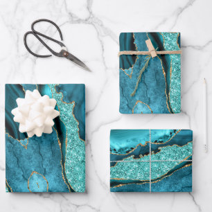 Aquamarines blaues Goldmarmor Aqua Umhüllungspapie Geschenkpapier Set