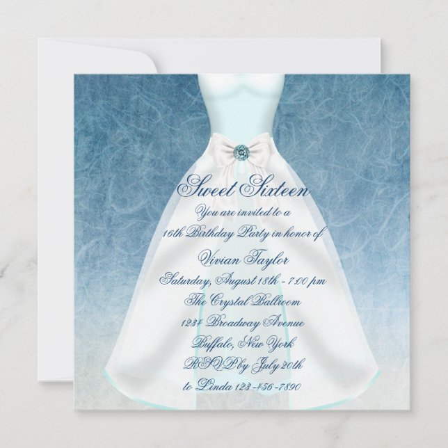 Aquamarines blaues Kleid Aquamarin 16 . Geburtstag Einladung (Vorderseite)