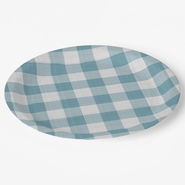 Aquamarines blaues Land Hütte Gingham Streifen Pappteller (Schrägansicht)