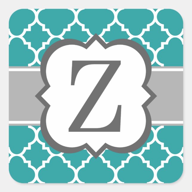 Aquamarines blaues Monogramm Letter Z Quatrefolie Quadratischer Aufkleber (Vorderseite)