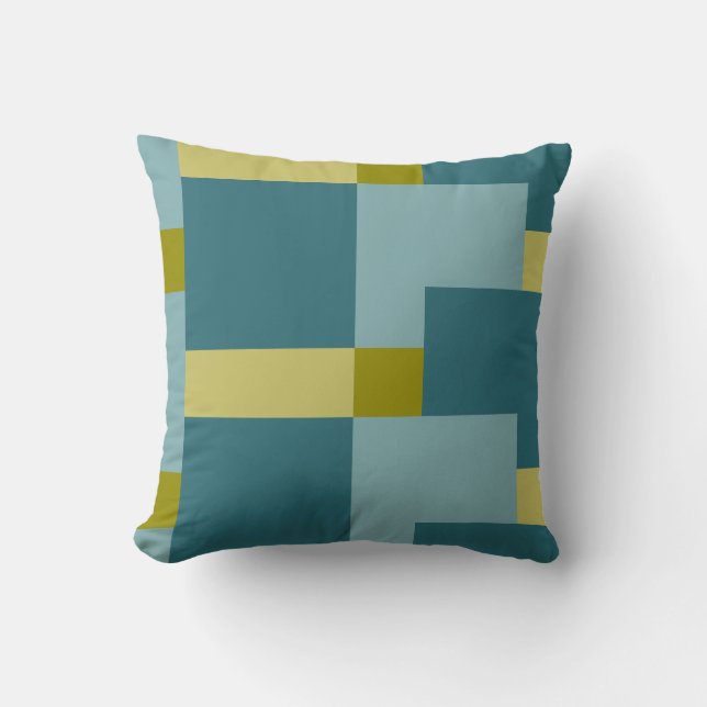 Aquamarines blaues Olive-Gelbmuster Kissen (Vorderseite)