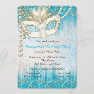 Aquamarines blaues Perlewatercolor-Maskerade-Party Einladung
