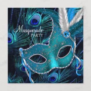 Aquamarines blaues Pfau-Masken-Maskerade-Party Einladung