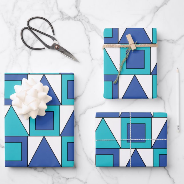 Aquamarines blaues Quadrat-Dreieck Geometrie Geschenkpapier Set (Vorderseite)