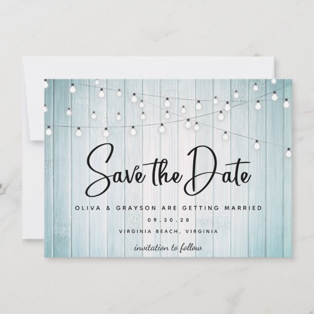 Aquamarines blaues rustikales Foto mit Holzstring  Save The Date (Vorderseite)