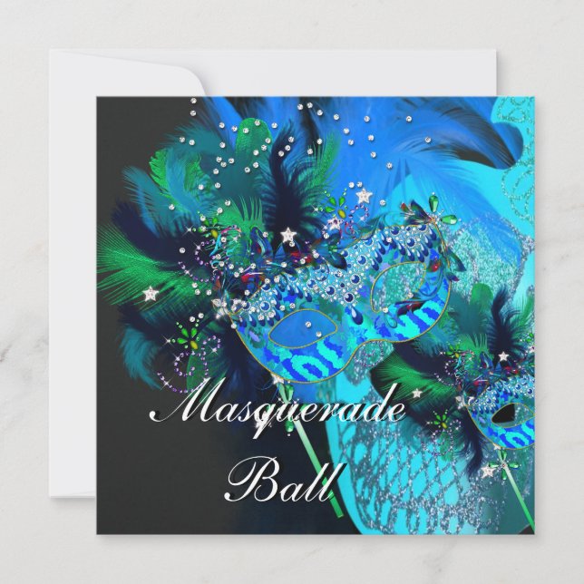 Aquamarines blaues Schwarzes Masquerade Ball Party Einladung (Vorderseite)