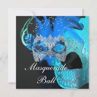 Aquamarines blaues Schwarzes Masquerade Ball Party Einladung