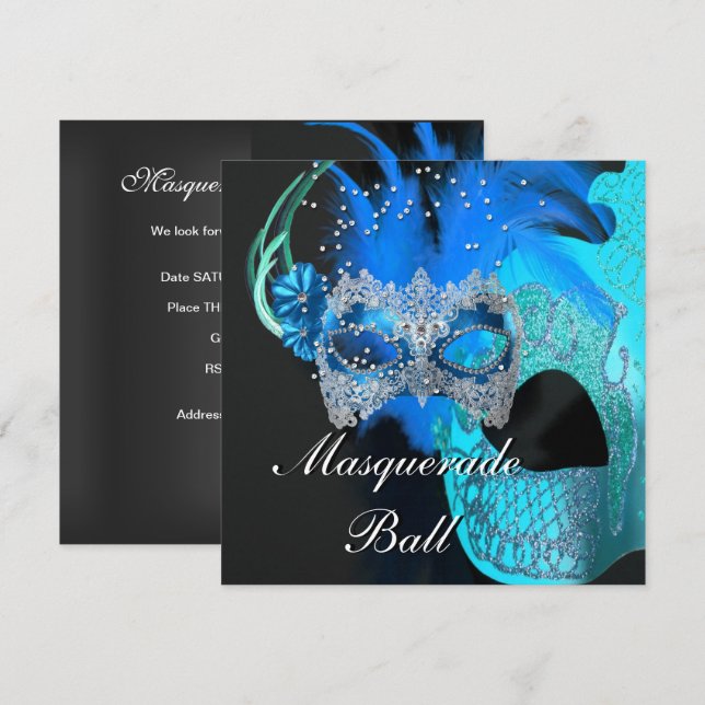 Aquamarines blaues Schwarzes Masquerade Ball Party Einladung (Vorne/Hinten)