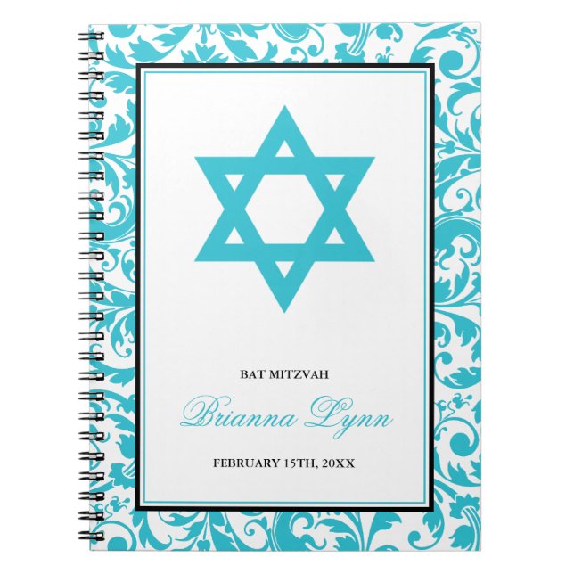 Aquamarines blaues Strudel-Damast-Schläger Mitzvah Notizblock (Vorderseite)