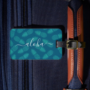 Aquamarines blaues tropisches Ananas-Muster Aloha- Gepäckanhänger