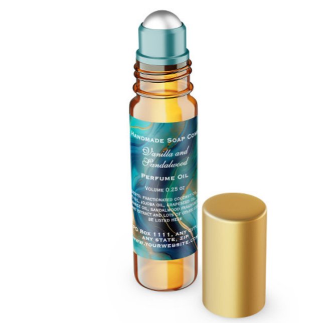 Aquamarines Blue and Gold Marmor Parfümerrolle Fla Quadratischer Aufkleber (Von Creator hochgeladen)