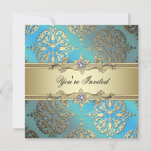 Aquamarines Blue Black Gold Damask Party Einladung (Vorderseite)