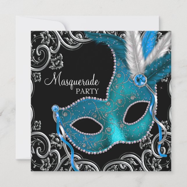 Aquamarines Blue Black Masquerade Party Einladung (Vorderseite)