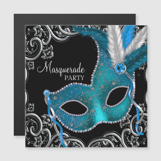 Aquamarines Blue Black Masquerade Party Magneteinladung (Vorne/Hinten)