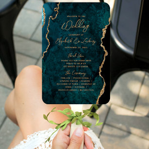 Aquamarines Blue Gold Agate Script Hochzeitsprogra Fächer