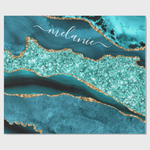 Aquamarines Blue-Gold-Marmor-Individuelle Name-Ums Geschenkpapier