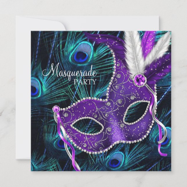 Aquamarines Blue Lila Peacock Masquerade Party Einladung (Vorderseite)