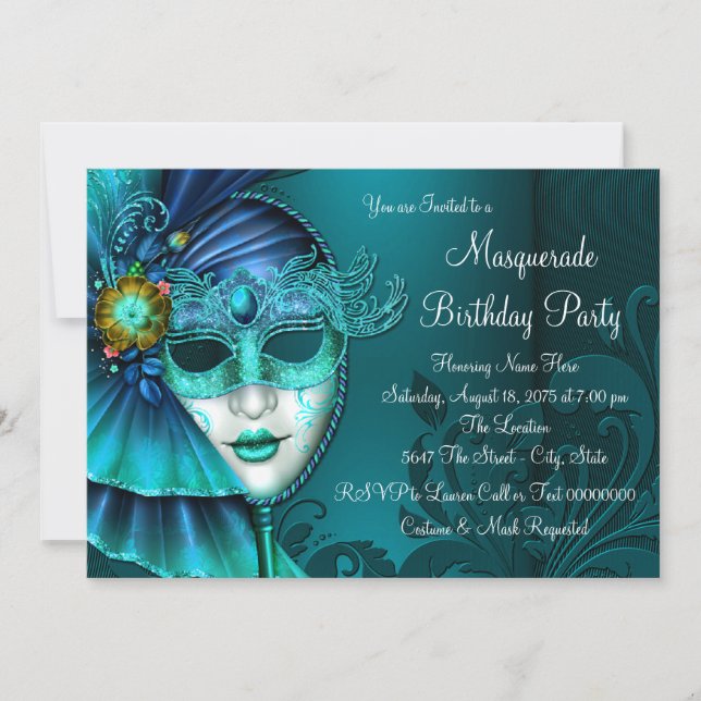 Aquamarines Blue Mask Masquerade Party Einladung (Vorderseite)