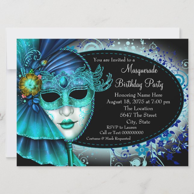 Aquamarines Blue Midnight Masquerade Party Einladung (Vorderseite)