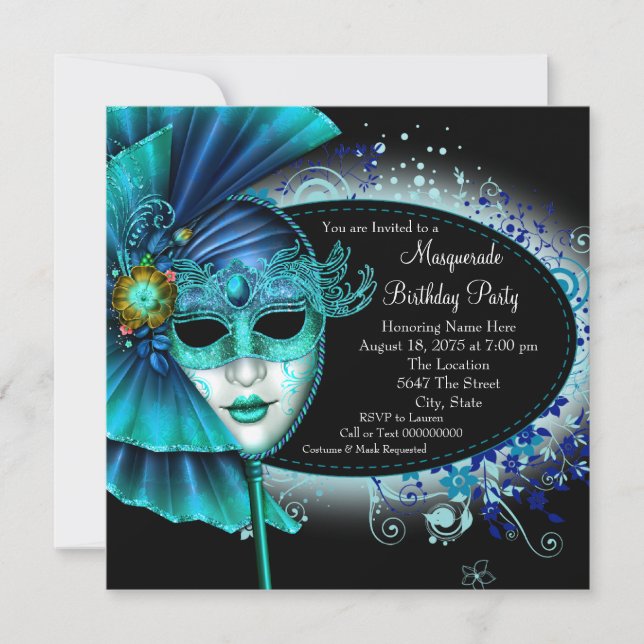 Aquamarines Blue Midnight Masquerade Party Einladung (Vorderseite)