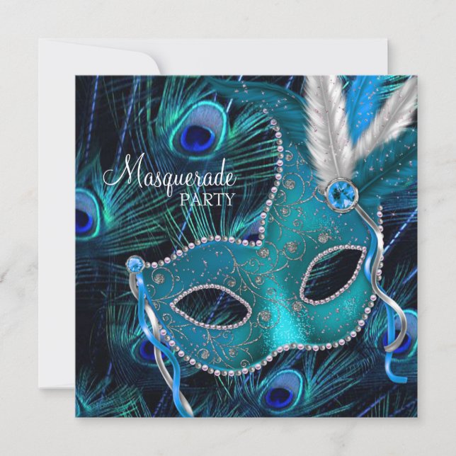 Aquamarines Blue Peacock Masquerade Party Einladung (Vorderseite)