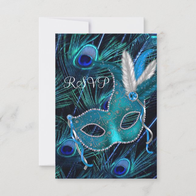 Aquamarines Blue Peacock Masquerade Party UAWG RSVP Karte (Vorderseite)