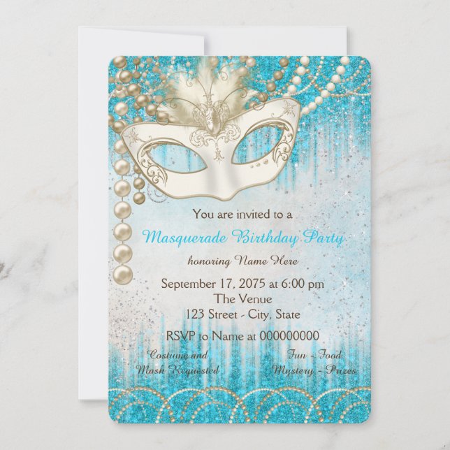 Aquamarines Blue Pearl Watercolor Masquerade Party Einladung (Vorderseite)