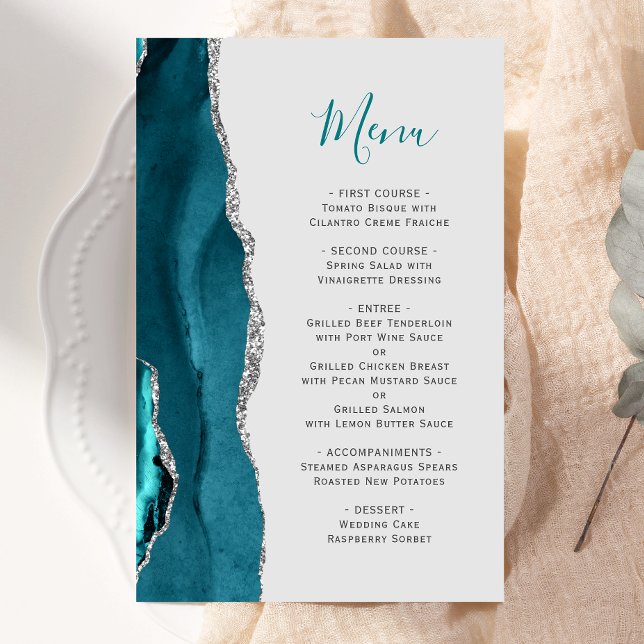 Aquamarines Blue Silver Agate Gray Wedding Menu (Von Creator hochgeladen)
