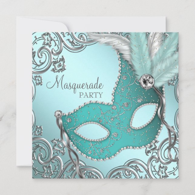 Aquamarines Blue Silver Mask Masquerade Party Einladung (Vorderseite)