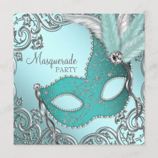 Aquamarines Blue Silver Mask Masquerade Party Einladung