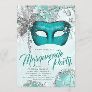 Aquamarines Blue Silver Mask Masquerade Party Einladung