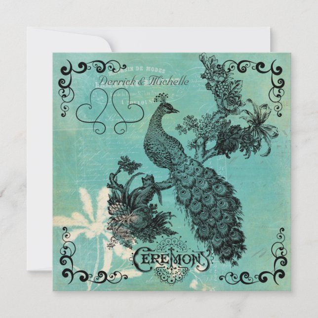 Aquamarines Blue Vintag Peacock Hochzeitsempfang Einladung (Vorderseite)