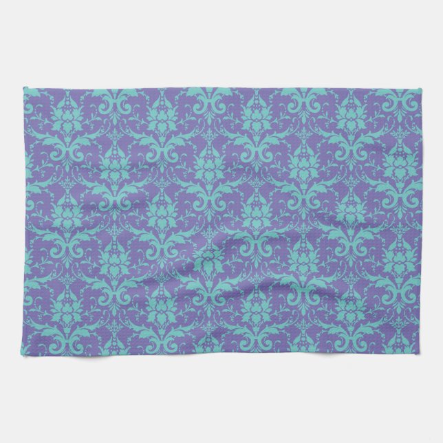 Aquamarines Blumenmuster auf Lila 2-Gang-Handtuch Geschirrtuch (Horizontal)