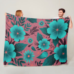 Aquamarines Blumenmuster auf Maroon-Hintergrund Fleecedecke