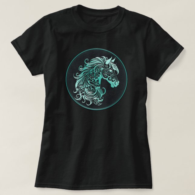 Aquamarines, blumiges Pferdekopfleder mit Prägung T-Shirt (Design vorne)