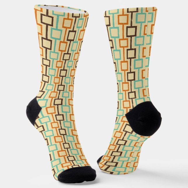 Aquamarines braunes Orange Retro geometrisches Mus Socken (Gewinkelt)