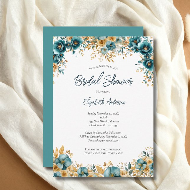 Aquamarines Brautparty Einladung (Teal Gold Watercolor Florals Bridal Shower invitation. Printed or Digital Download)
