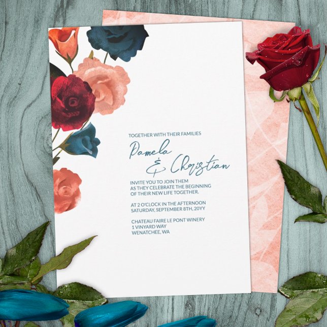 Aquamarines Budget, Rot, Sangria Rose Einladung Ho (summer sangria berry wine red rose gold wedding color palette invitations roses botanical garden)